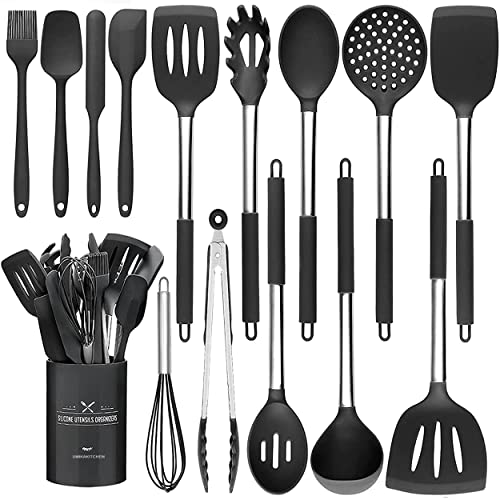 UMIKAkitchen Küchenutensilien-Set, 15-teiliges Silikon-Pfannenset, hitzebeständig, antihaftbeschichtet, BPA-frei, Edelstahlgriff, Pfannenwender, Löffel, Zange, Whisker, Kochgeschirr (Schwarz) von UMIKAkitchen