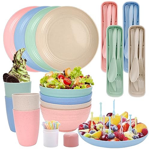 28 Pcs Camping Geschirr Set Plastik,Unzerbrechliches Geschirr Set 4 Personen mit Teller Nachtischteller Schalen Tassen Besteck Fruchtgabel,Geschirrset Leicht für Kinder Erwachsene Abendessen Picknick von UMILKI