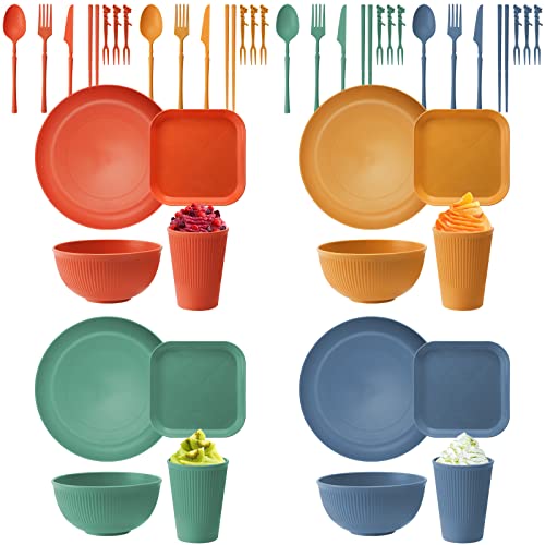 48 Pcs Camping Geschirr Set Plastik,Unzerbrechliches Geschirr Set 4 Personen mit Teller Dessertteller Schalen Tassen Besteck Fruchtgabel,BPA-Frei Geschirrset leicht für Kinder Erwachsene Abendessen von UMILKI