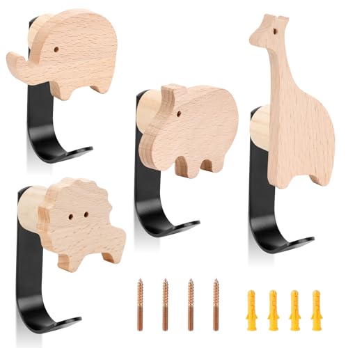 UMILKI 4 Pcs Kindergarderobe Holz Tiere, Garderobenhaken Holz Einzeln mit Schrauben Metall Haken, Kleiderhaken Holz für Mantel Handtuch Taschen Hüte, Kinderzimmer Wandhaken für Bad Küche Schlafzimmer von UMILKI