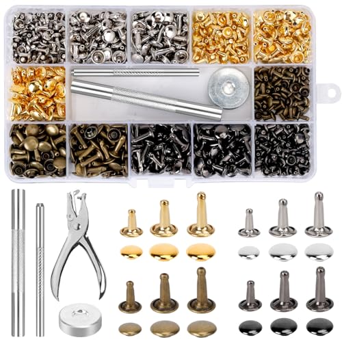 360 Pcs Leder Nieten Doppelkappe 6mm 8mm, Metall Nieten Set mit Stanzzange Fixierung Werkzeug Aufbewahrungsbox, 4 Farben Ledernieten, Schraubnieten Hohlnieten Set für DIY Reperatur Handwerk Leder von UMILKI