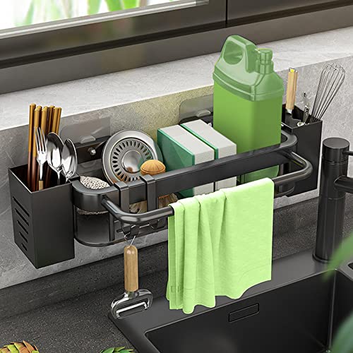 UMILKI Spülbecken Organizer Hängend, Kein Bohren Küchen Caddy Halter Ablage mit 4 Klebstoff Edelstahl Küche Spüle Organizer mit 2 Stäbchenhalter,Handtuchhalte und Haken(Schwatz) von UMILKI
