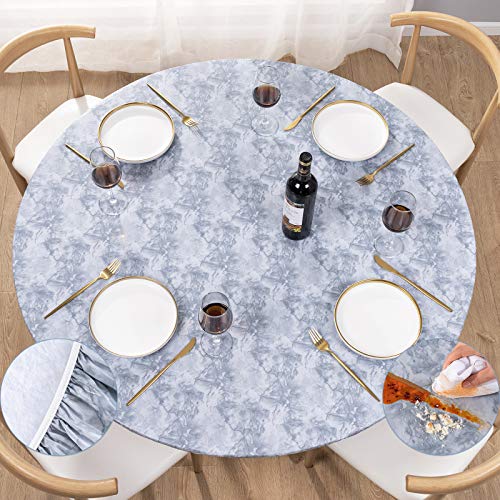 UMINEUX Runde Vinyl-Tischdecke mit elastischem Rand und Flanell-Rückseite, wasserdicht, abwischbar, für drinnen und draußen, Terrasse, passend für Tische mit Durchmesser 102–112 cm (grauer Marmor) von UMINEUX