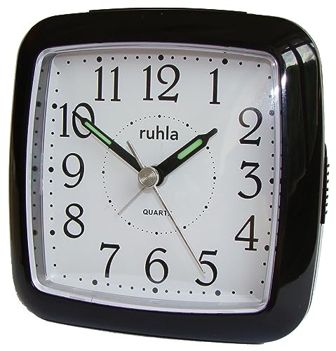 Ruhla Quarzwecker Analog, mit quadratischem schwarzem Kunststoffgehäuse, mit Alarm und Beleuchtung, Maße: 9,5 x 5 cm, QW-800-0SP, Schwarz von UMR RUHLA