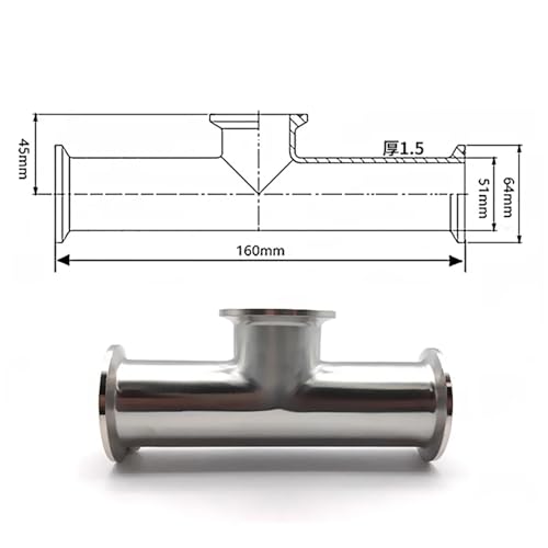 OD38mm 51mm 304 Edelstahl Low Neck Drei-weg Rohr Armaturen Ferrule 50,5mm 64mm T Typ Drei Clip 3-weg Selbst-made(2 inch) von UMXJEXU