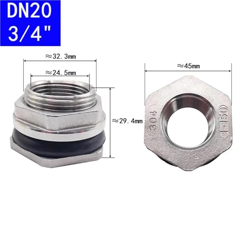 SUS304 Edelstahl-Außenschott 1/4" 3/8" 1/2" 3/4" 1" 2" BSPT Innengewindeverbindung Wassertank-Verbindungsstück-Adapter(DN20) von UMXJEXU