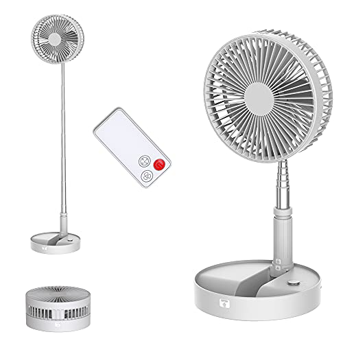 UNITEDTIME Tragbarer Ventilator Faltbares Wiederaufladbares [Fernbedienung] Batteriebetriebene Foldaway Stehender Pedestallventilator, 4 Geschwindigkeit, Timer für Campingreisen, Schlafzimmer (Weiß) von UN UNITEDTIME