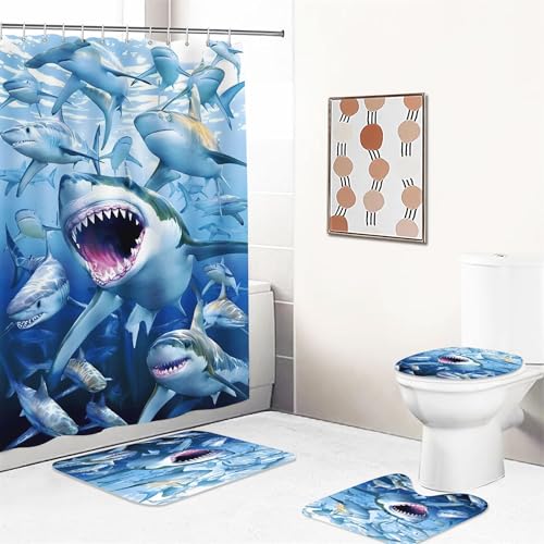 UNAGRI Duschvorhang Cartoon Hai 120x200 180x200 Unterwasserwelt Bunt Pink Blau Textil Badezimmerteppich 4-teiliges Set,Shower Curtains Waschbar (2,180 x 200 cm) von UNAGRI