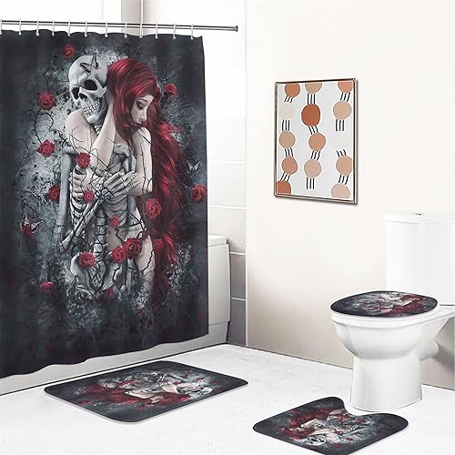 UNAGRI Duschvorhang Rose Skull 180x200 180x180 Gothic Totenkopf Duschvorhang-Set Polyester Stoff Badezimmerteppich 4-teiliges Set, Shower Curtains Wasserdicht (1,180 x 200 cm) von UNAGRI