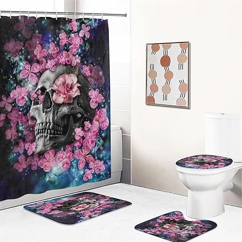 UNAGRI Duschvorhang Rose Skull 180x200 180x180 Gothic Totenkopf Duschvorhang-Set Polyester Stoff Badezimmerteppich 4-teiliges Set, Shower Curtains Wasserdicht (2,180 x 200 cm) von UNAGRI