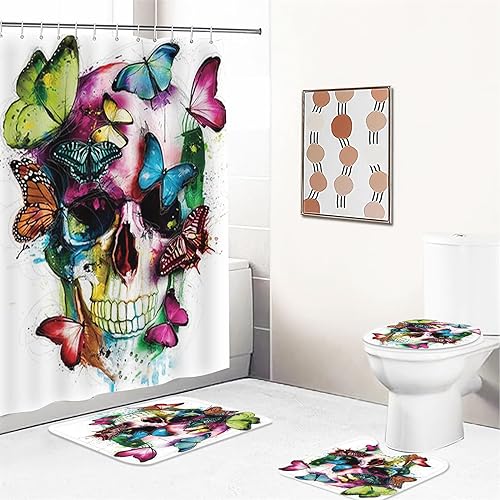 UNAGRI Duschvorhang Rose Skull 180x200 180x180 Gothic Totenkopf Duschvorhang-Set Polyester Stoff Badezimmerteppich 4-teiliges Set, Shower Curtains Wasserdicht (4,200 x 200 cm) von UNAGRI