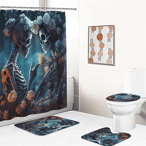 UNAGRI Duschvorhang Rose Skull 180x200 180x180 Gothic Totenkopf Duschvorhang-Set Polyester Stoff Badezimmerteppich 4-teiliges Set, Shower Curtains Wasserdicht (5,180 x 180 cm) von UNAGRI
