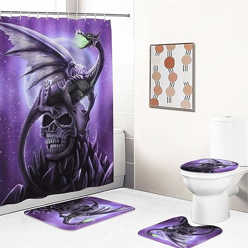 UNAGRI Duschvorhang Rose Skull 180x200 180x180 Gothic Totenkopf Duschvorhang-Set Polyester Stoff Badezimmerteppich 4-teiliges Set, Shower Curtains Wasserdicht (6,180 x 180 cm) von UNAGRI