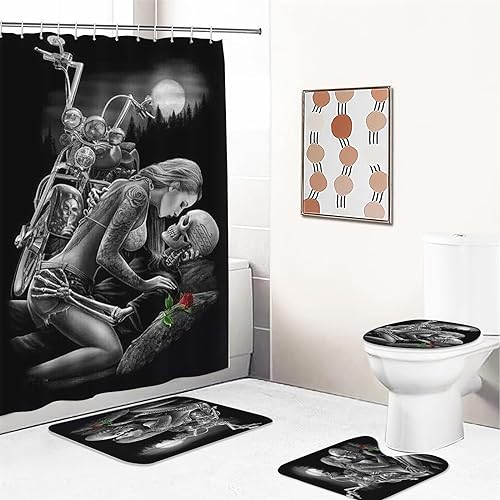 UNAGRI Duschvorhang Rose Skull 180x200 180x180 Gothic Totenkopf Duschvorhang-Set Polyester Stoff Badezimmerteppich 4-teiliges Set, Shower Curtains Wasserdicht (7,200 x 200 cm) von UNAGRI