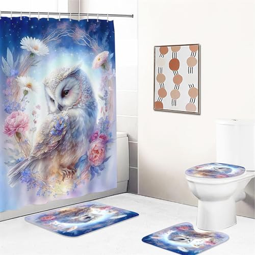 UNAGRI Duschvorhang Tier Eule 120x200 180x200 180x180 200x240 Bunt Pink Blau Textil Badezimmerteppich 4-teiliges Set,Shower Curtains Waschbar (1,180 x 200 cm) von UNAGRI
