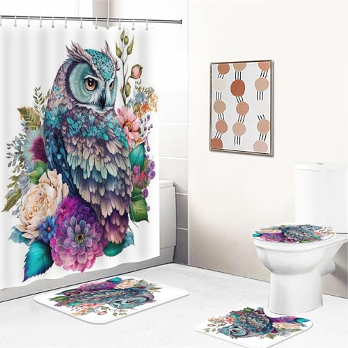 UNAGRI Duschvorhang Tier Eule 120x200 180x200 180x180 200x240 Bunt Pink Blau Textil Badezimmerteppich 4-teiliges Set,Shower Curtains Waschbar (6,120 x 200 cm) von UNAGRI