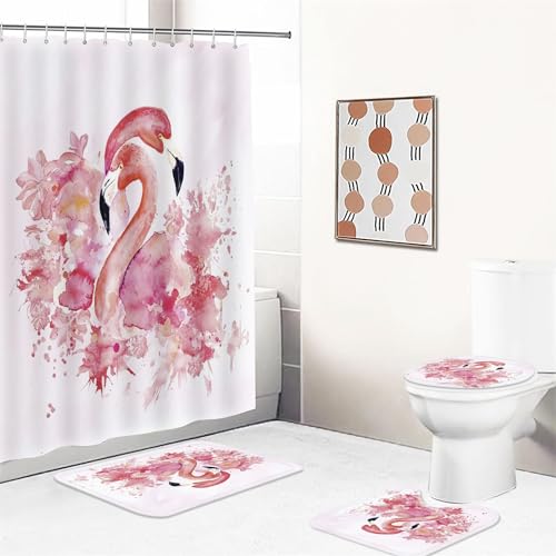 UNAGRI Flamingo Duschvorhang 180x200 180x180 Flamingo Shower Curtains Wasserdicht Polyester Stoff Duschvorhang Badezimmer Teppich 4-teiliges Set (2,200 x 240 cm) von UNAGRI