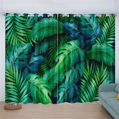 UNAGRI Grüne Tropical Palm Blätter Gardinen Für Schlafzimmer, 3D-Druck Pflanzen Verdunkelungsvorhang-Set 2er Set Für Kinderzimmer Dekoration (5,150×166BxH (75×166cm×2)) von UNAGRI