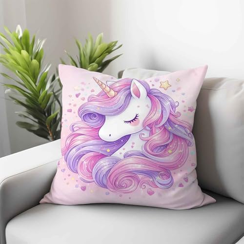 UNAGRI Kissenbezug Einhorn Zierkissenbezüge Kissen Für Mädchen Jahre Regenbogen Kinder Kuschelkissen Kinderzimmer Deko Für Sofakissen Dekokissen Couchkissen Kissenhülle (80 x 80 cm,1) von UNAGRI