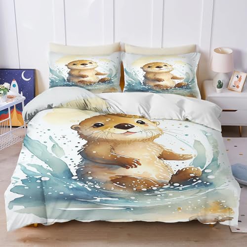 UNAGRI Otter Bettwäsche 135x200 Kinder Otter Bettbezug Set 3teilig Süßer Otter Bettbezug Set Weiche Mikrofaser Otter Bettwäsche Set Mit Reißverschluss Und 2 Kissenbezügen (2,140×210CM) von UNAGRI