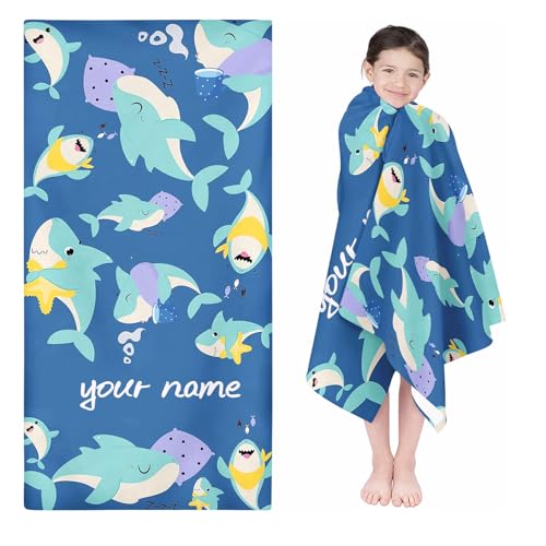 UNAGRI Personalisiert Hai Strandtuch Mit Namen, Shark Handtuch Mit Namen Badetuch Für Jungen, Mikrofaser Strandtuch Groß 100x200cm Badetuch Handtuch Für Strand (80 x 160 cm) von UNAGRI