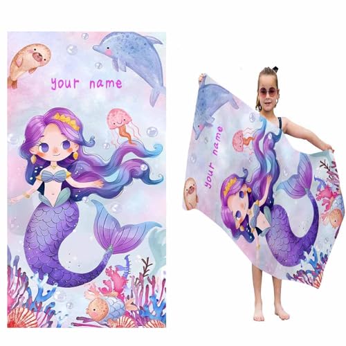 UNAGRI Personalisiert Strandtuch Mit Namen, Personalisierte Meerjungfrau Handtuch Badetuch Mit Namen Mikrofaser Strandtuch Groß 100x200cm Für Fitness Reisen (80 x 160 cm) von UNAGRI