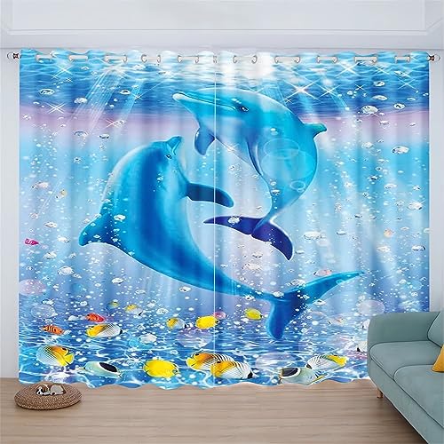UNAGRI Verdunkelungsvorhang-Set Für Schlafzimmer 3D-Druck Delfin Meerestiere Vorhänge Für Kinderzimmer Schiebegardine Blickdicht Für Dekoration Wohnzimmer Esszimmer (5,100×140BxH (50×140cm×2)) von UNAGRI