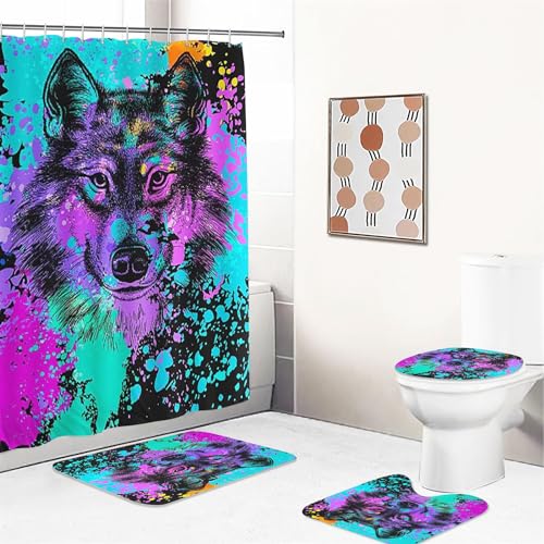 UNAGRI Wolf Duschvorhang 180x200 180x180 Tier Wald Wolf Shower Curtains Wasserdicht Polyester Stoff Duschvorhang Badezimmer Teppich 4-teiliges Set (1,200 x 200 cm) von UNAGRI