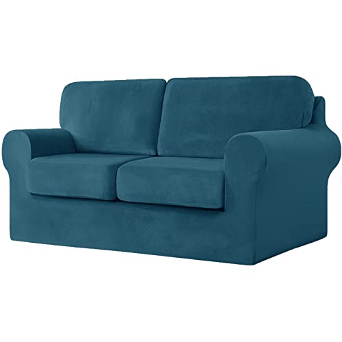 UNBBRRL 5-teiliger Stretch-Samtbezug, Sofabezug, 2-Sitzer-Couch-Schonbezug mit separaten Rückenlehnen und Kissenbezügen mit elastischem Band, rutschfester Möbelschutz (Pfauenblau) von UNBBRRL