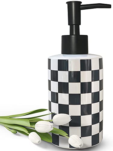 Badezimmer Seifenspender mit Mattschwarzer Pumpe Weiß Keramik Seifenspender für Küche Schachbrett Leere Pumpflasche (Schwarz) von UNBONSOUHAIT