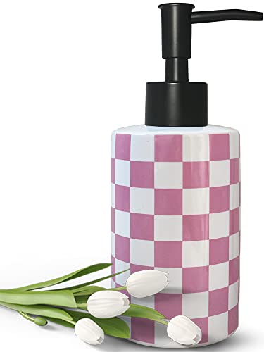 Badezimmer Seifenspender mit mattschwarzer Pumpe Weiß Keramik Seifenspender für Küche Spüle Schachbrett Leere Pumpflasche (Rosa) von UNBONSOUHAIT