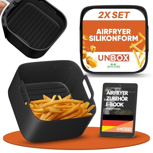 UNBOX 2 Stück 23cm Silikonform für Heißluftfritteuse, Silikon Backform für COSORI 6L, 6,2L, 6,4L, Russell Hobbs 8L - Alternative zu Backpapier, mit Silikon Ofenhandschuhen UNBOX 2 Stück 23cm Silikonform für Heißluftfritteuse, Silikon Backform für COSORI 6L, 6,2L, 6,4L, Russell Hobbs 8L - Alternative zu Backpapier, mit Silikon Ofenhandschuhen von UNBOX