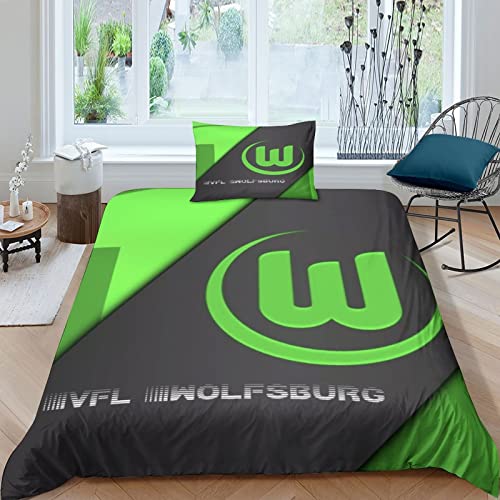 UNDERZY VFL Wolfsburg Bettwäsche Set Single（135x200cm）,Football Club, Kinderbettwäsche, Football Sport Bettbezug 3D Football Fans Bettbezug Set, Mit Bettbezug Und 2 Kissenbezug von UNDERZY