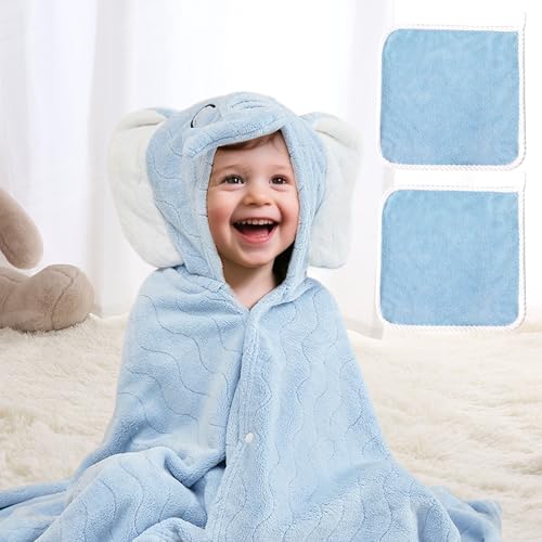 UNEEDE Badeponcho Kinder, Badetuch Kinder, 80x120cm Weiches Saugfähiges Badehandtuch Kinder, Strandtuch Kinder, Geschenk für Jungen und Mädchen, Kinder Kapuzen Badeponcho（Blauer Elefant） von UNEEDE