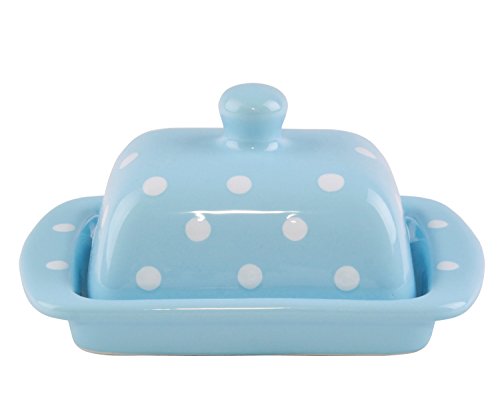 Butterdose Keramik, Landhausstil, 100g Hellblau mit handbemalten weißen Punkten, Butterschale mit Deckel und Griff, Spüllmaschinen fest. Butterdose Keramik, Landhausstil, 100g Hellblau mit handbemalten weißen Punkten, Butterschale mit Deckel und Griff, Spüllmaschinen fest. von UNGARNIKAT