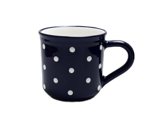 UNGARNIKAT - Keramik Frühstückstasse 500 ml – Dunkelblau mit handbemalten weißen Punkten – Landhausstil – Handgemachter Kaffeebecher - Jumbotasse – Spülmaschinenfest & Mikrowellengeeignet – XXL Tasse von UNGARNIKAT