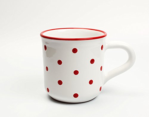 Keramik Becher/Frühstücksbecher L/Kaffeebecher Tasse weiß mit handbemalten roten Punkten 0,55 L von UNGARNIKAT