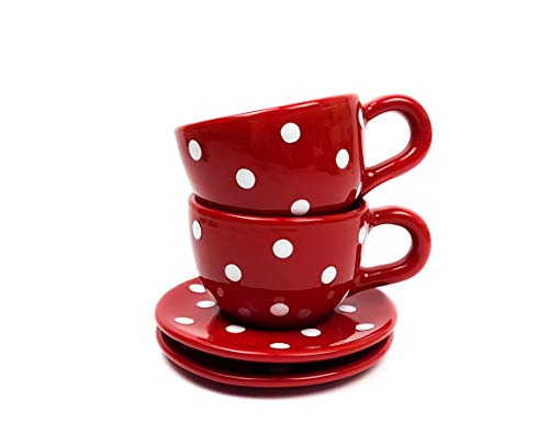 UNGARNIKAT Keramik Kaffeetassen mit Untertassen rot mit handbemalten weißen Punkten 2 Stück von UNGARNIKAT