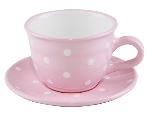 UNGARNIKAT Keramik Teetasse mit Untertasse rosa mit handbemalten weißen Punkten 0,35 L von UNGARNIKAT
