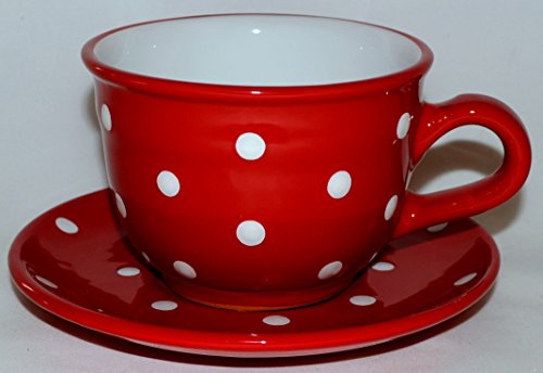 UNGARNIKAT Keramik Teetasse Kaffeebecher mit Untertasse 350ml – Rot mit weißen Punkten – Handgemacht & Spülmaschinengeeignet – Vintage Landhausstil – Tasse für Kaffee, Tee, Cappuccino von UNGARNIKAT