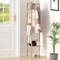 Garderobenständer Bambus, Flurgarderobe Kleiderständer freistehende Garderobe mit Kleiderstange, 2 Ablagen, 3 Haken für Kleidung, Hüte, Taschen von UNHO