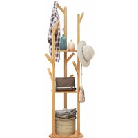 Garderobenständer Bambus, freistehender Kleiderständer, Garderobe in Baumform, mit 10 Haken und 3 Ablgen von UNHO