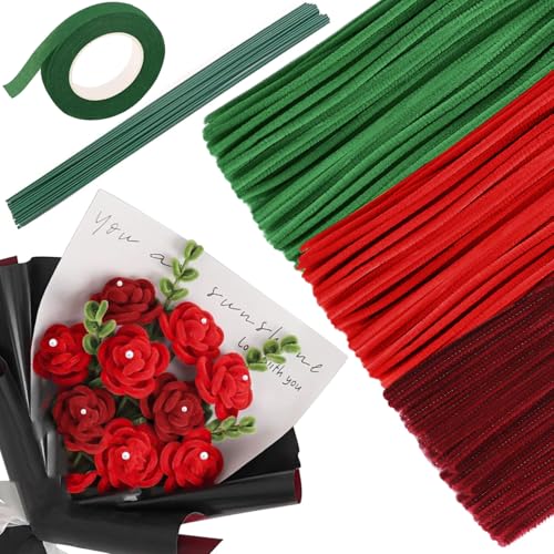 UNIANE 300 Stück Pfeifenreiniger Blumen Set, 20 Stück Grün Basteldraht, Klebeband, Pfeifenreiniger zum Basteln, Rosensträuße Bastelprojekte, Biegeplüsch 30cm Pfeifendraht zum Basteln von UNIANE