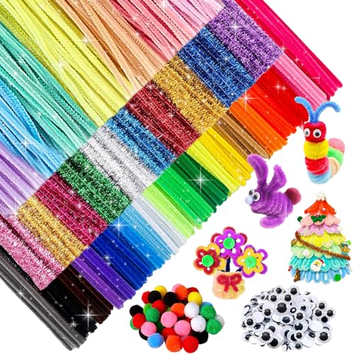UNIANE 420 Stück Pfeifenreiniger 37 Farben Pfeifenputzer Bunt zum Basteln Chenilledraht 30CM Pipe Cleaner mit 120 Plüschbälle und Augen Bastelsachen für Kreative DIY-Projekte Basteldeko für Kinder von UNIANE