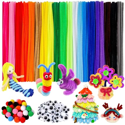 UNIANE 520 Stück Pfeifenreiniger zum Basteln, 400 Pfeifenputzer Chenilledraht Pfeifenputzer Bunt mit 120 Pfeifenputzer Zubehör Plüschbälle und Augen, Pipe Cleaner Set für DIY Basteln und Dekorationen von UNIANE