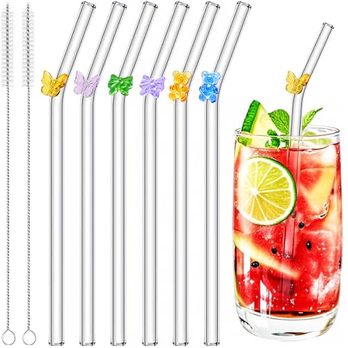 UNIANE Glasstrohhalme mit Motiv,Glas Strohhalme Wiederverwendbar,Glastrinkhalm mit Schmetterling&Schleifen&Bär,6 glas trinkhalme & 2 Reinigungsbürste,Perfekt für Smoothies Milch Kaffee Tee Milchshake von UNIANE