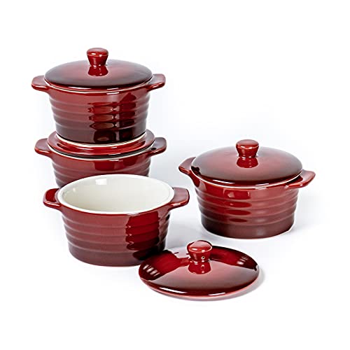 Auflaufform Klein 250ml X 4er, Soufflé Förmchen Mit Deckel - Rot, Creme Brulee Schälchen aus Porzellan, Suppentassen mit Henkel, Dessertschale für Soufflé, Muffins, Cupcakes, Fondants Und Obst von UNICASA