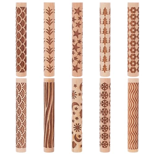 UNICRAFTALE 10 Stück 10 Stile Holz Ton Textur Rollen Set Für Töpferkeramik Töpferstempel Rollen Werkzeuge Strukturierte Nudelhölzer Modelliermuster Rollen Set Für Handgefertigte DIY Kunstbedarf von UNICRAFTALE