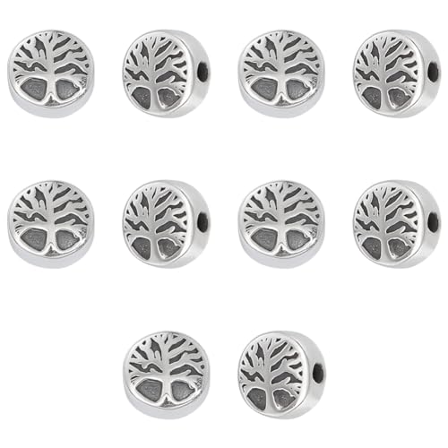 UNICRAFTALE 10 Stück Retro 304 Edelstahl Abstandshalter Flach Rund Mit Lebensbaum Perlen Antik Silber Lose Baumperlen Kleine Lochperlen Für DIY Armbänder Halsketten Schmuckherstellung von UNICRAFTALE