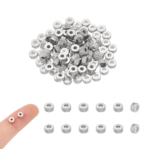 UNICRAFTALE 100 Stück Edelstahl Abstandsperlen Lose Perlen Metallperlen Strukturierte Flache Runde Perlen Armbandperlen 4mm Durchmesser Für DIY Halsketten Schmuckherstellung von UNICRAFTALE